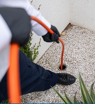 Technician feeding a drain snake into an outdoor drain opening.